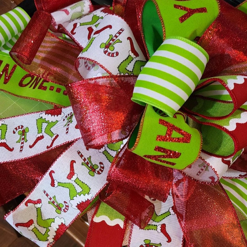 Grinchmas Christmas Tree Topper Bow, Large Whimsical Bow with Streamers