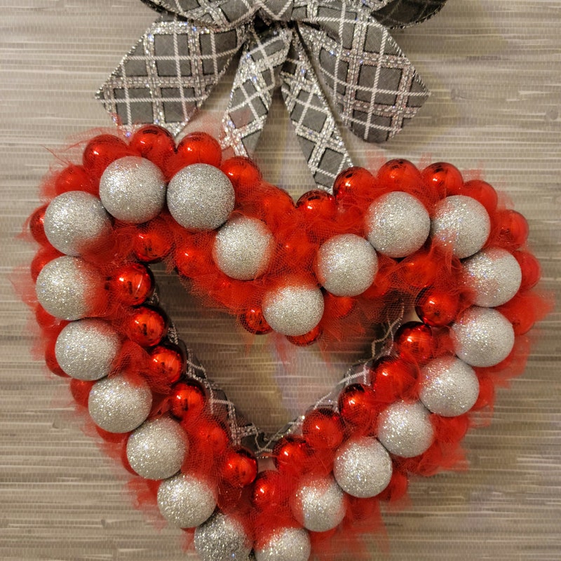 Red and Silver Ornament Heart Wreath - Valentines Day Decor