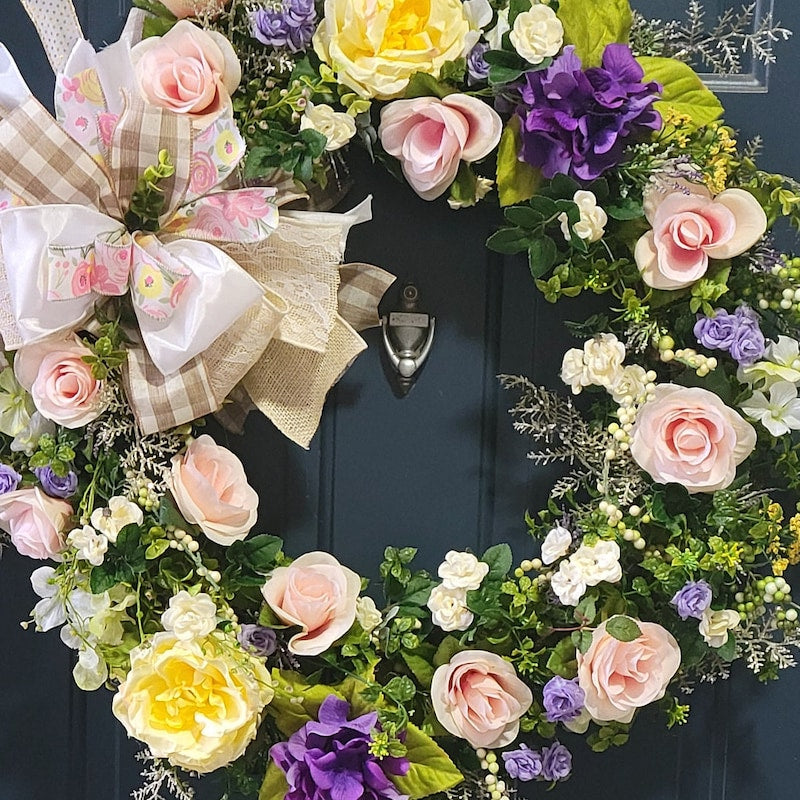 Hydrangea and rose wreath, floral wreath for wedding, summer door decoration