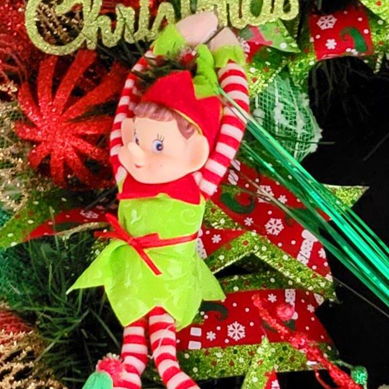 Whimsical Elf Christmas Wreath, Deco Mesh Holiday Door Decor