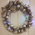 Silver Ornament Christmas Wreath with Fairy Lights, Lighted Holiday Door Decor