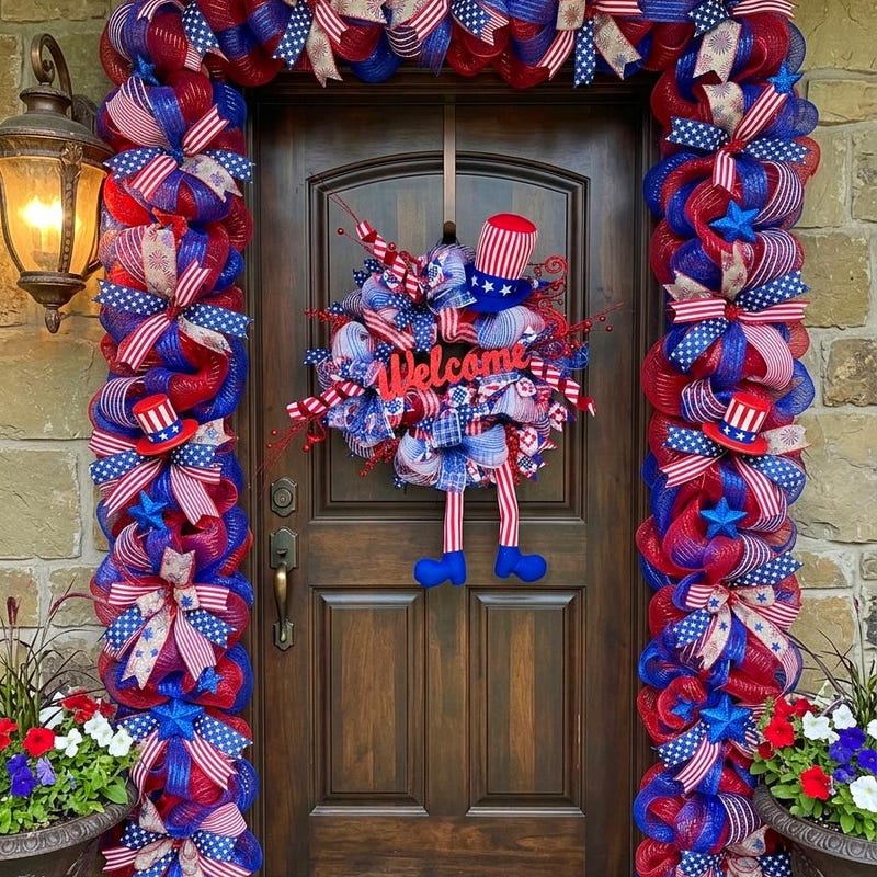 250 year 4th of july wreath and garland, celebrate America large door decorations