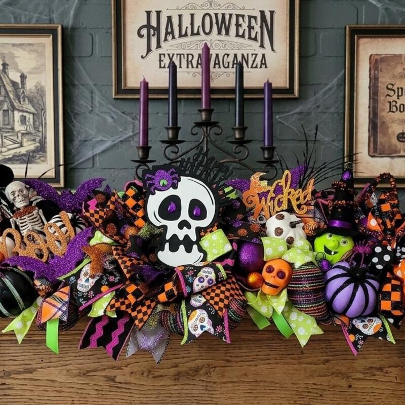 Light-Up Halloween Wreath: Pumpkins, Witch, Skeletons and Glitter Ornaments
