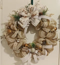 Christmas burlap and mesh wreath, holiday earthy tone wreath