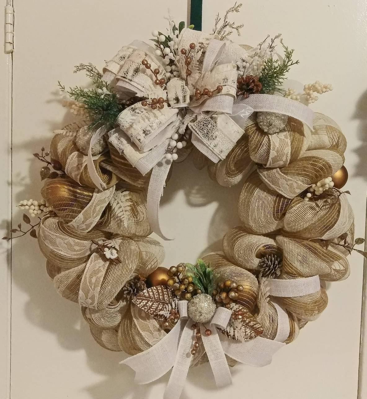 Christmas burlap and mesh wreath, holiday earthy tone wreath