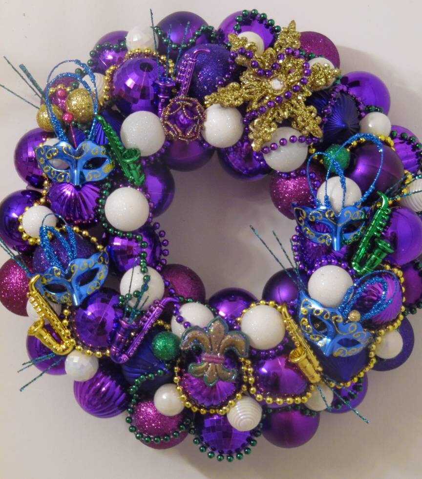 Mardi Gras Ornament Wreath, Purple Green and Gold NOLA Door Decor
