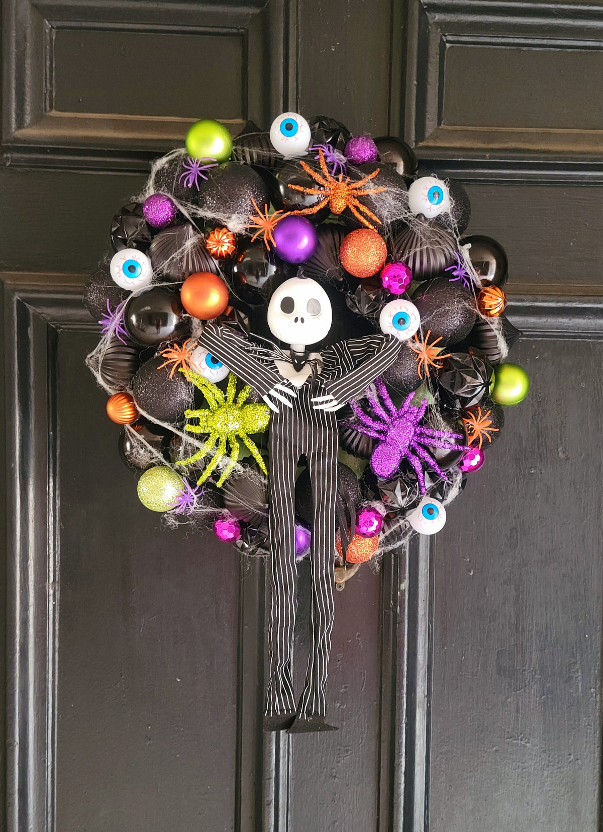 Jack Skellington Halloween Ornament Wreath, Glitter Spiders