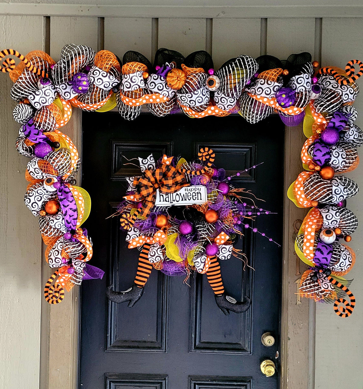 Deco Mesh Halloween Wreath and Garland Set, Vintage Spider, Witch Decor