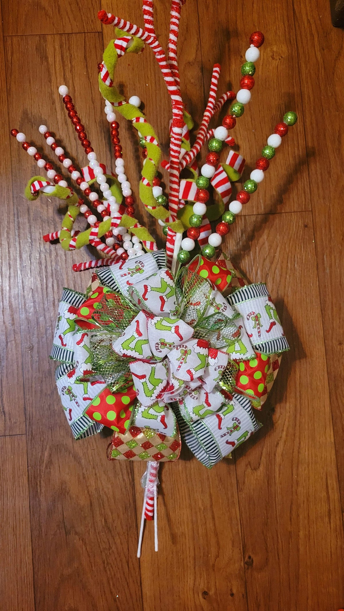 Grinxhmas Christmas Tree Topper with bow-Whimsical Holiday Green Monster large Bow with glitter picks