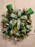 St Patrick's Day Wreath, Shamrock and Leprechaun Hat, Metallic Mesh
