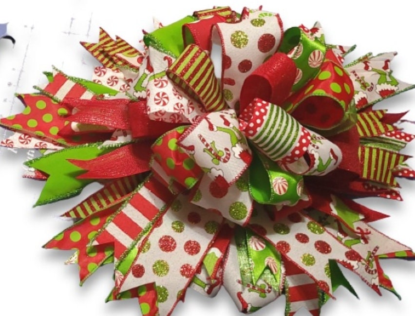 Whimsical Christmas Tree Topper Bow: Elf & Green Monster Decor