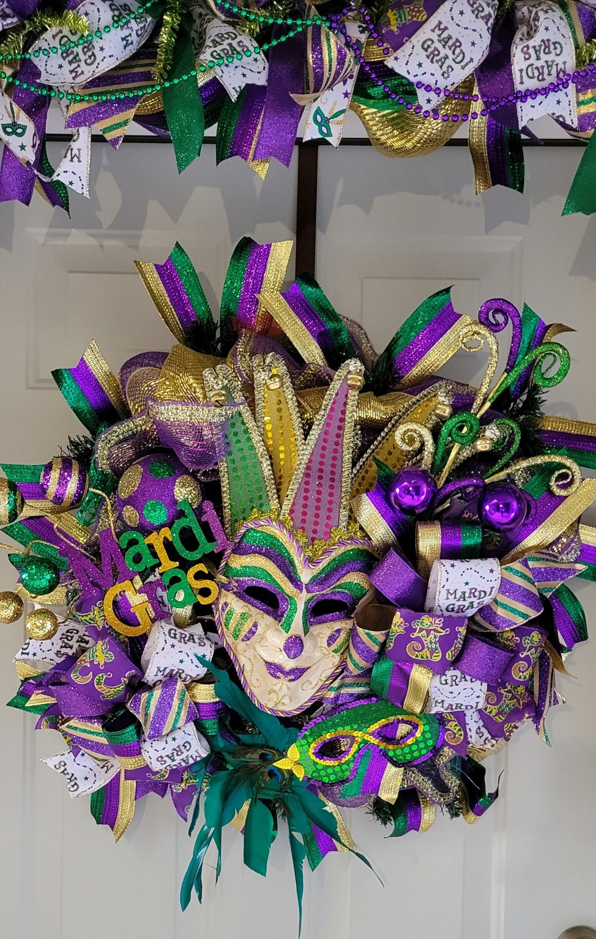 Whimsical mardi gras wreath, masquerade swag, New Orleans style jester wreath