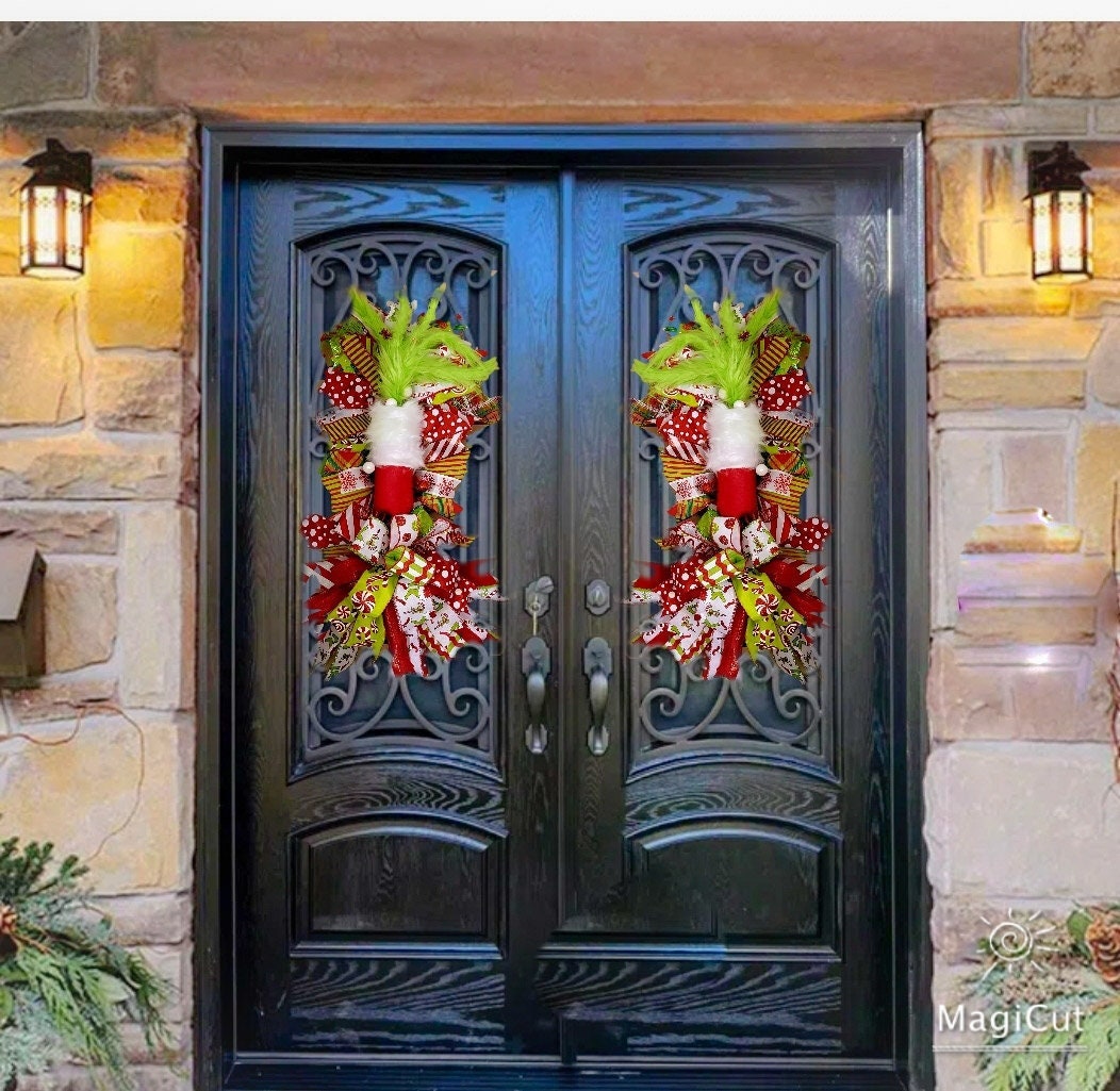2 Christmas Green Monster Wreaths- Double Door holiday decorations-grinchy arm swags