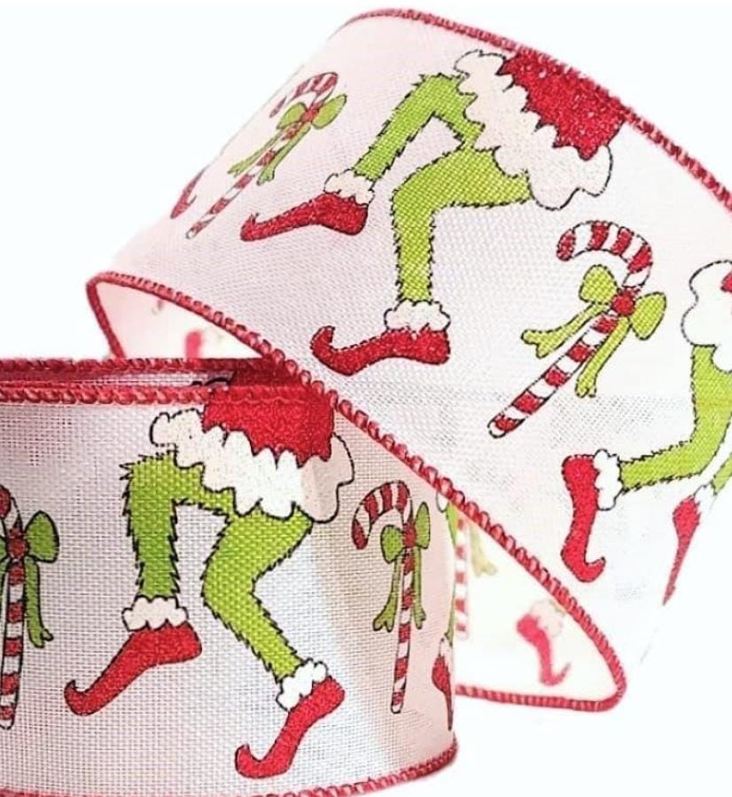 Green Monster Leg Christmas Wired Ribbon - 10 Yards