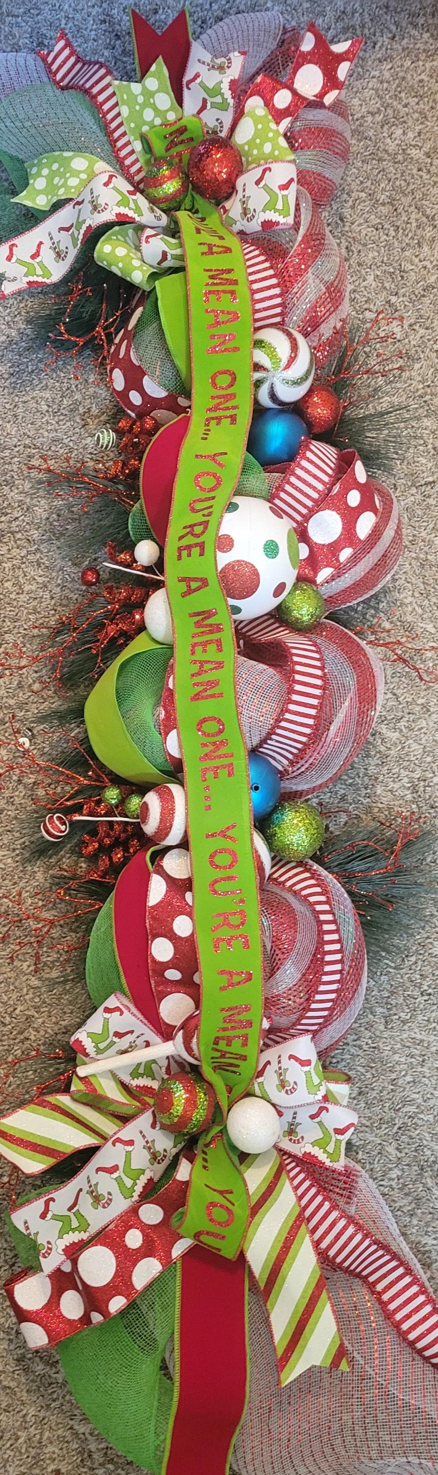 Whimsical Christmas green monster Garland: mean elf green and red pine table runner