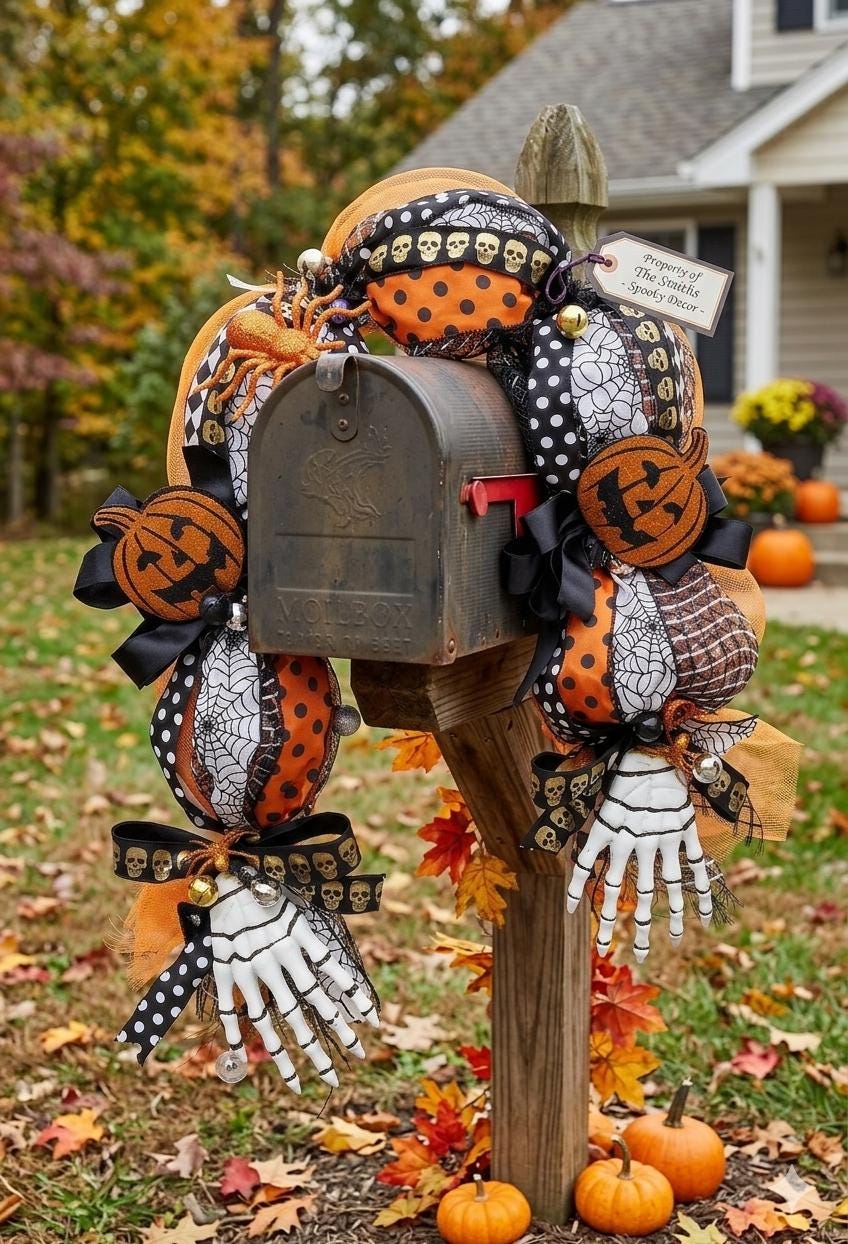 Halloween Mailbox Swag, Orange Gold and Black Skull and Pumpkin Garland