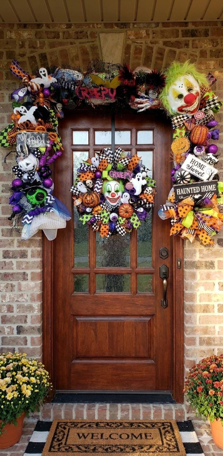 Creepy clown halloween wreath and garland set, home sweet haunted home