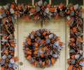 Handmade halloween wreath and garland set, spooky lighted decorations, orange and black halloween
