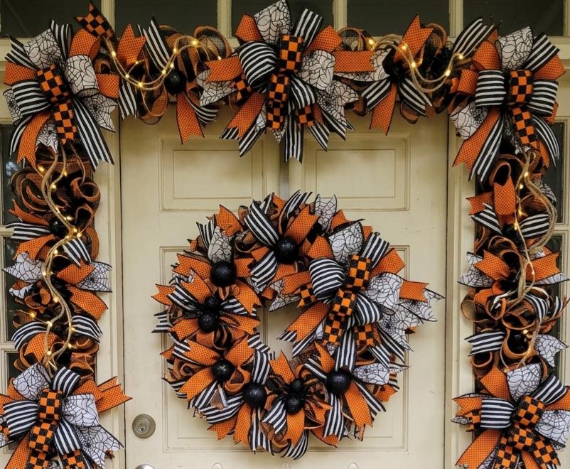 Handmade halloween wreath and garland set, spooky lighted decorations, orange and black halloween