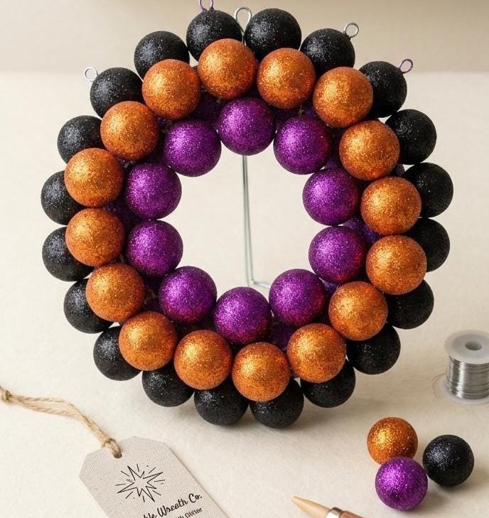 2 Inch Glitter Ornaments, Halloween Tree Baubles, Purple Black Orange Wreath Supplies